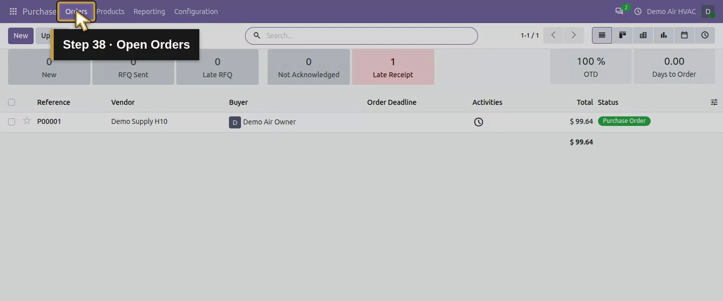 Action 38: Open Orders. The actual target is highlighted in gold.