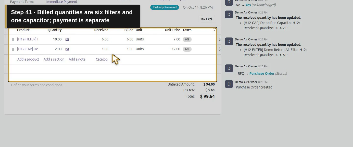 Action 41: Billed quantities are six filters and one capacitor; payment is separate. The actual target is highlighted in gold.