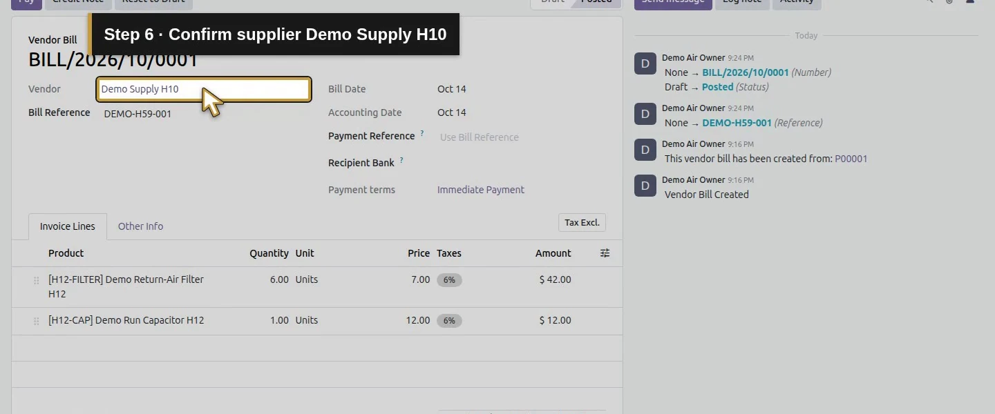 Action 6: Confirm supplier Demo Supply H10. The actual target is highlighted in gold.