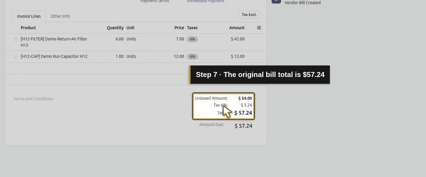 Action 7: The original bill total is $57.24. The actual target is highlighted in gold.