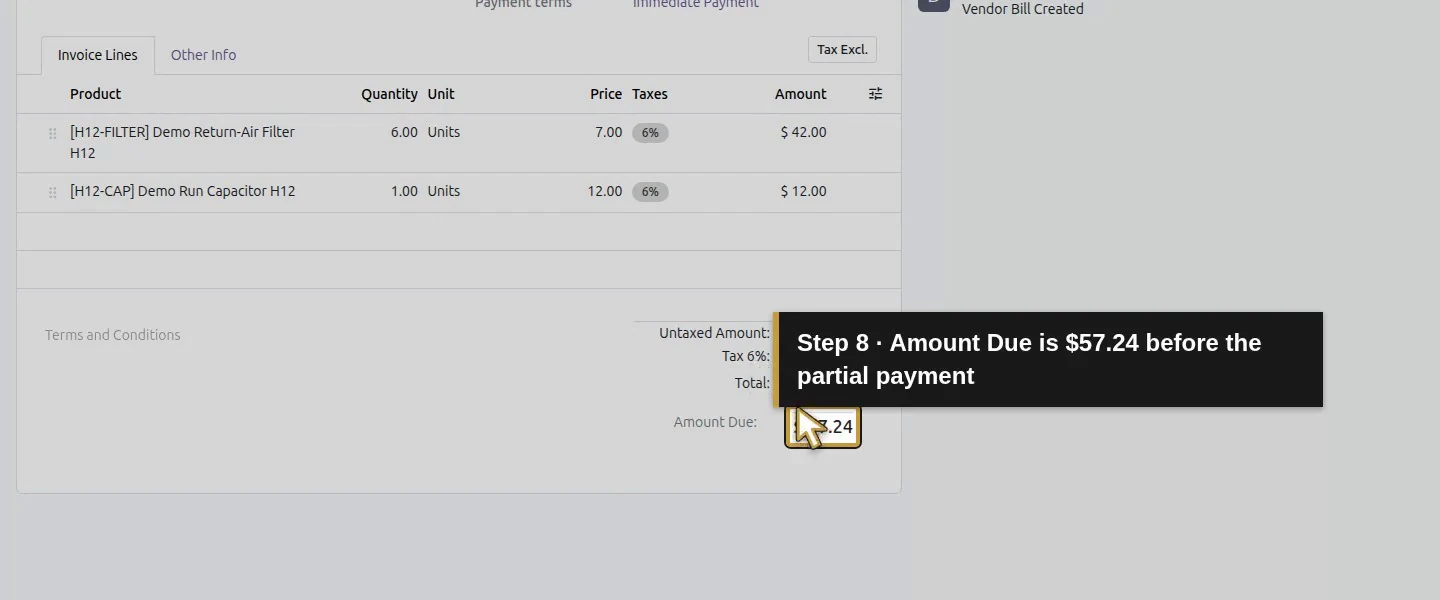 Action 8: Amount Due is $57.24 before the partial payment. The actual target is highlighted in gold.