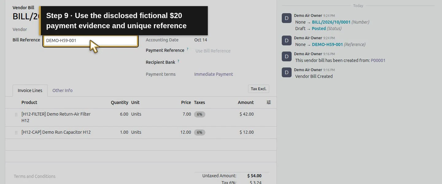 Action 9: Use the disclosed fictional $20 payment evidence and unique reference. The actual target is highlighted in gold.