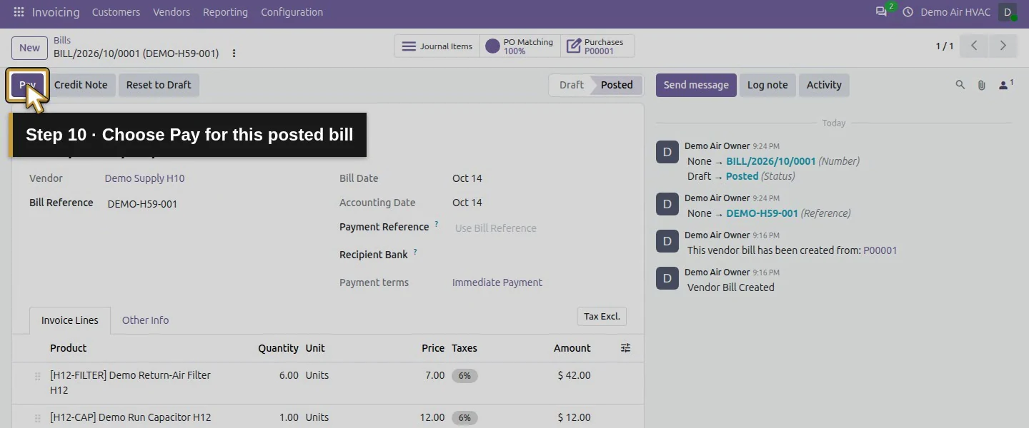 Action 10: Choose Pay for this posted bill. The actual target is highlighted in gold.