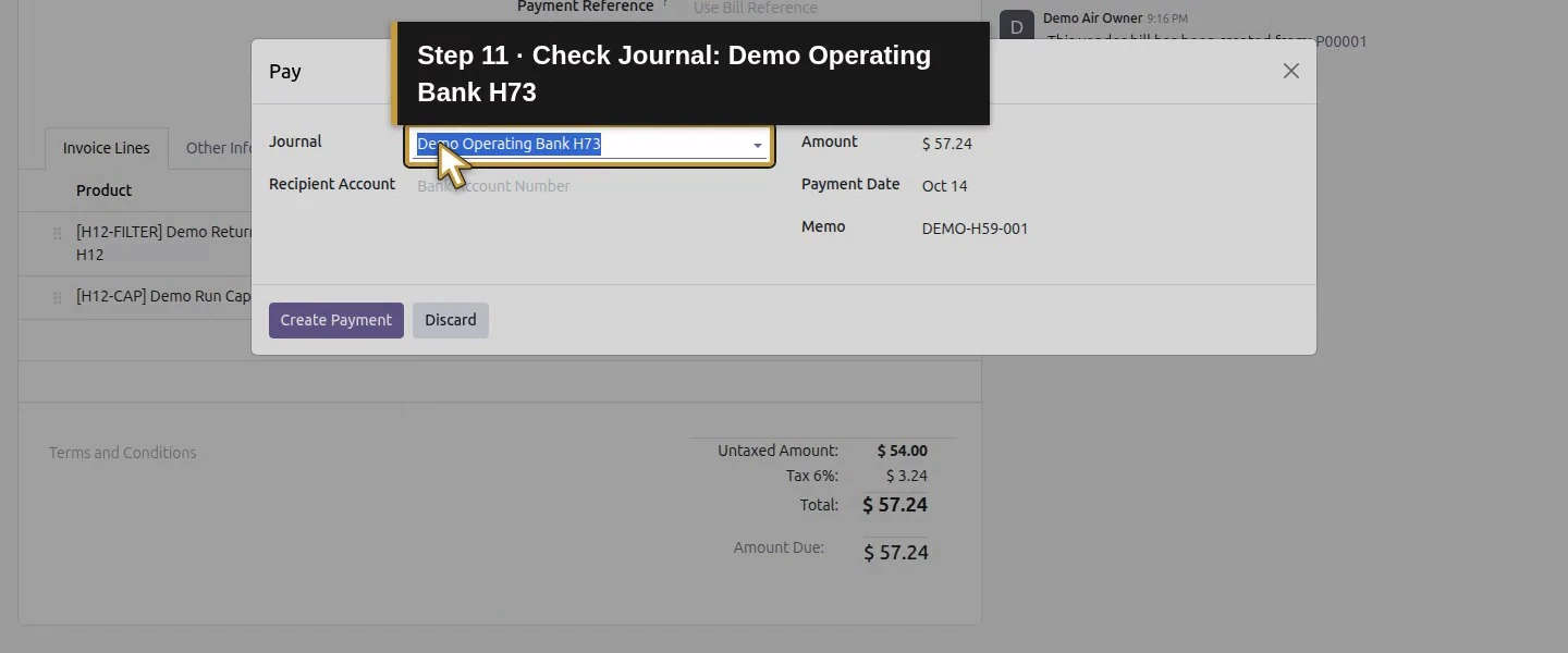 Action 11: Check Journal: Demo Operating Bank H73. The actual target is highlighted in gold.