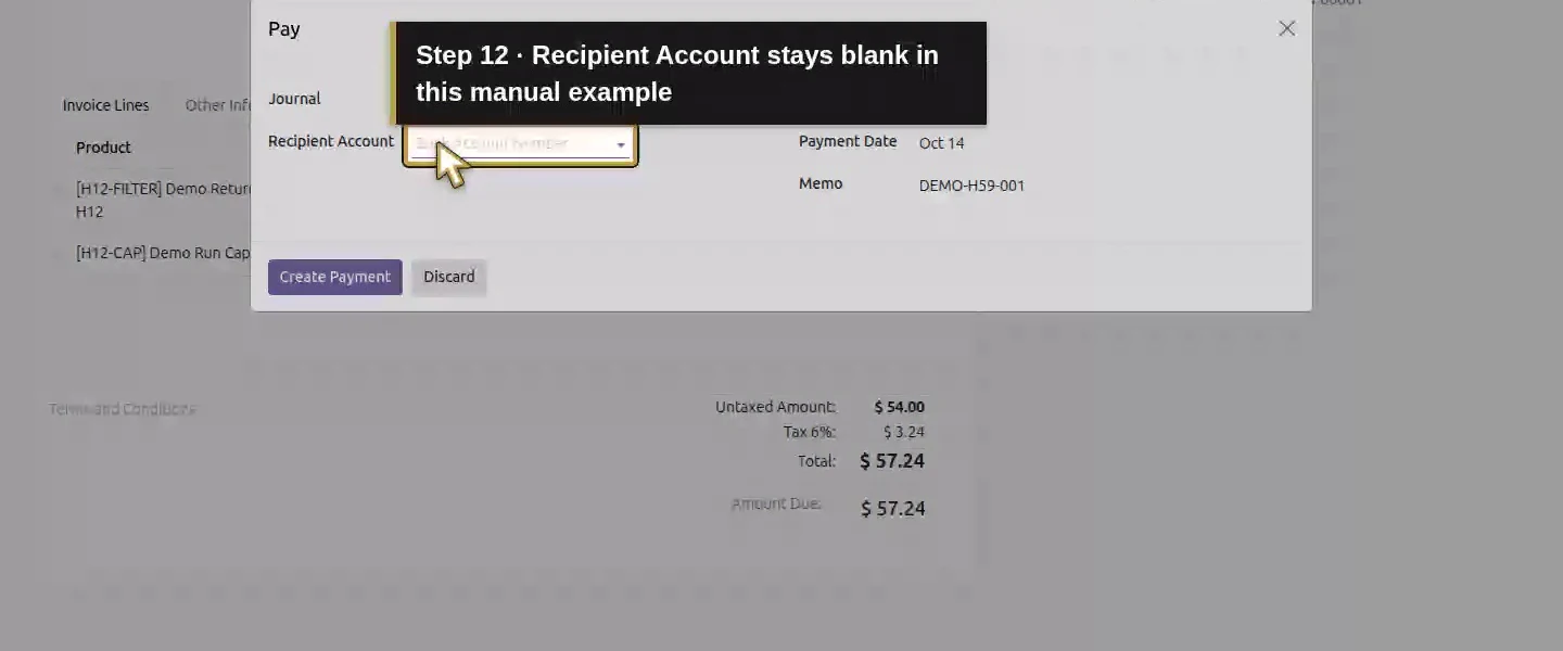 Action 12: Recipient Account stays blank in this manual example. The actual target is highlighted in gold.