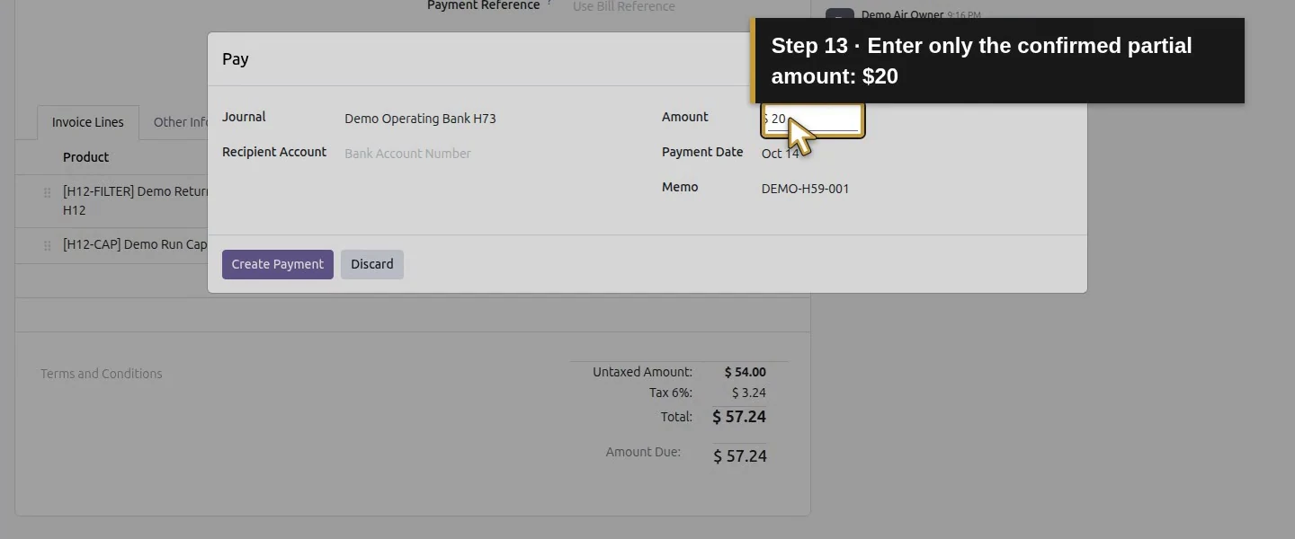 Action 13: Enter only the confirmed partial amount: $20. The actual target is highlighted in gold.
