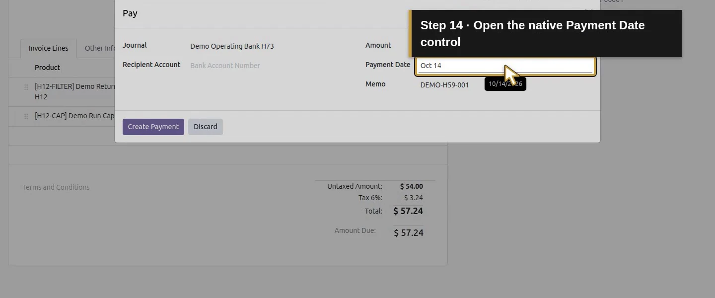 Action 14: Open the native Payment Date control. The actual target is highlighted in gold.