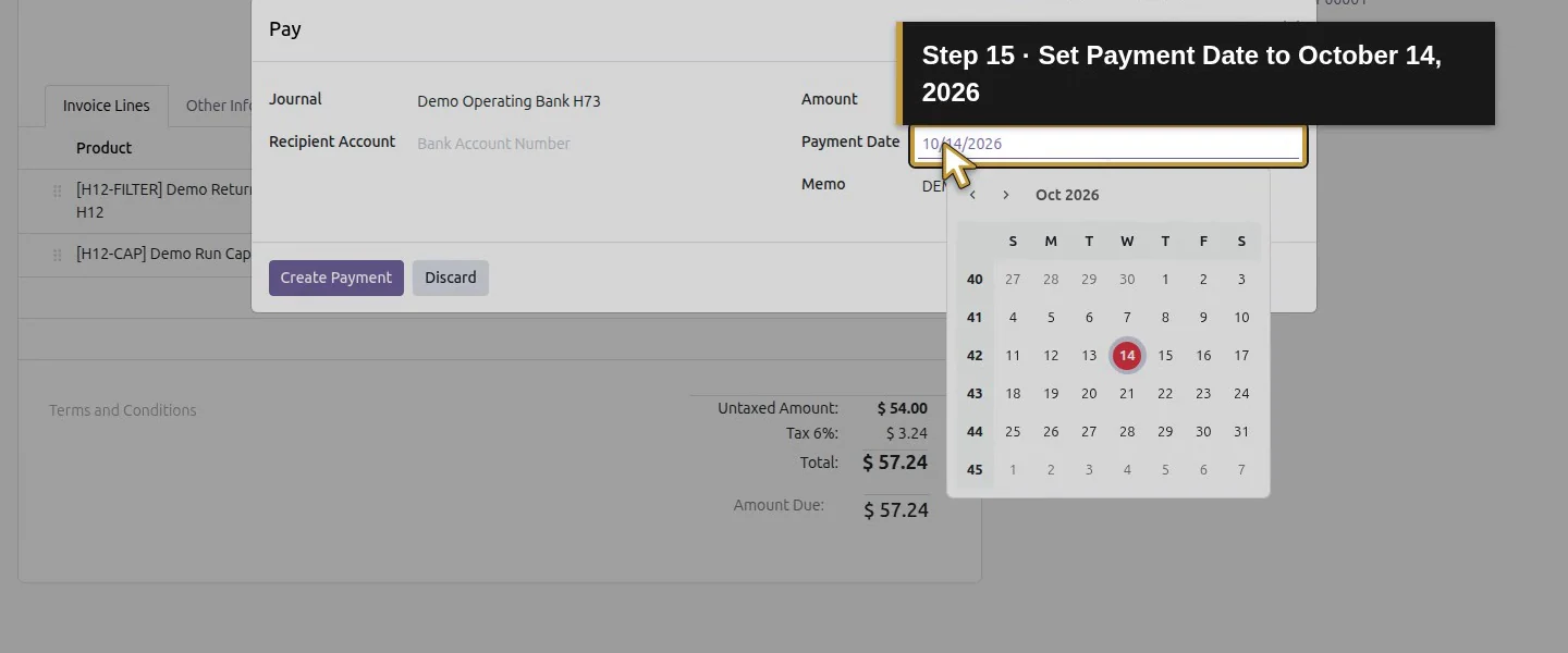 Action 15: Set Payment Date to October 14, 2026. The actual target is highlighted in gold.