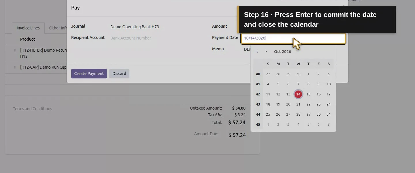 Action 16: Press Enter to commit the date and close the calendar. The actual target is highlighted in gold.