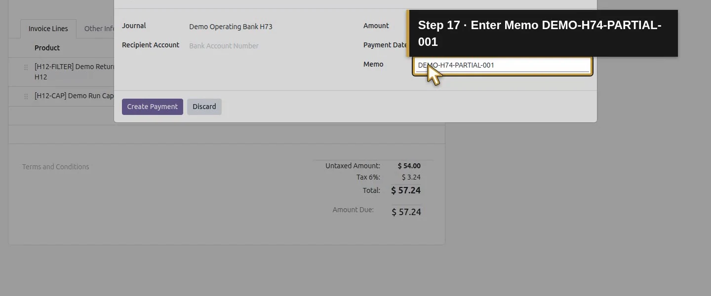 Action 17: Enter Memo DEMO-H74-PARTIAL-001. The actual target is highlighted in gold.