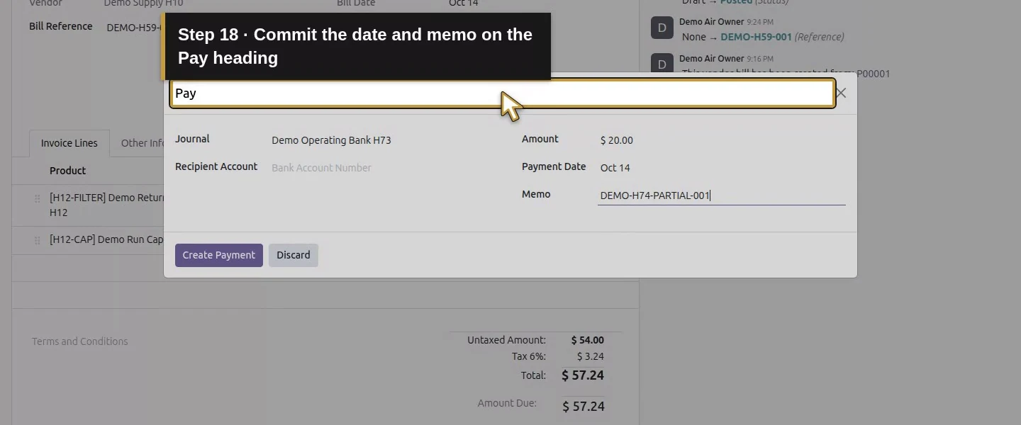 Action 18: Commit the date and memo on the Pay heading. The actual target is highlighted in gold.