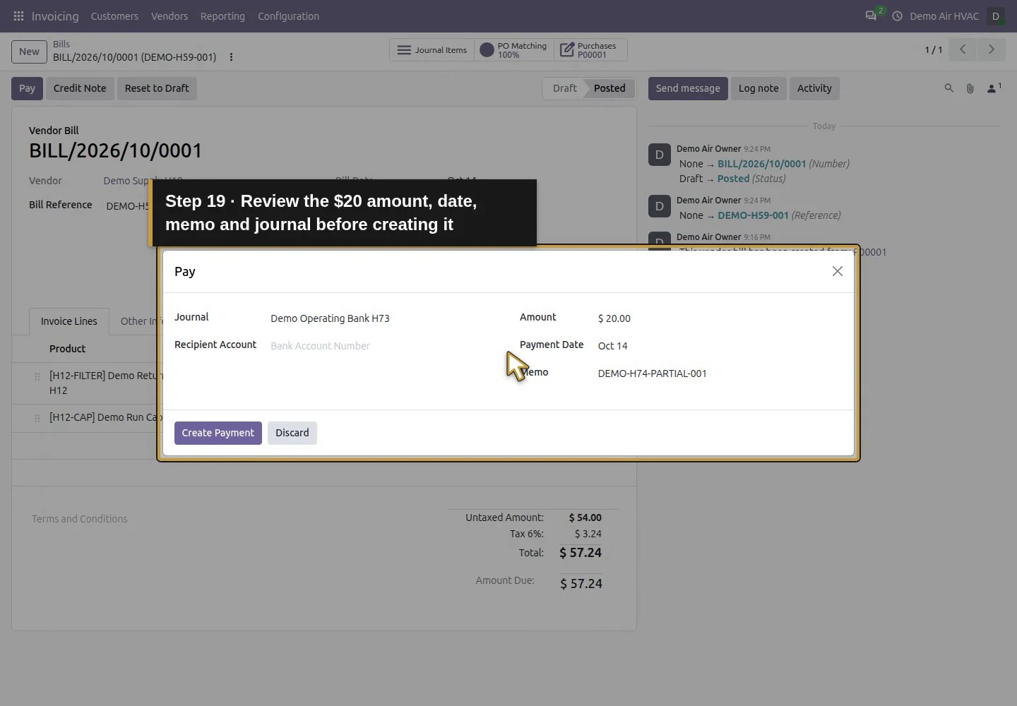 Action 19: Review the $20 amount, date, memo and journal before creating it. The actual target is highlighted in gold.