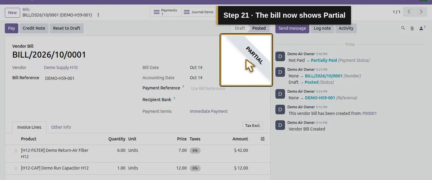 Action 21: The bill now shows Partial. The actual target is highlighted in gold.
