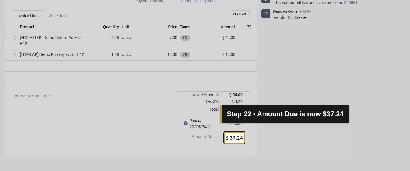 Action 22: Amount Due is now $37.24. The actual target is highlighted in gold.