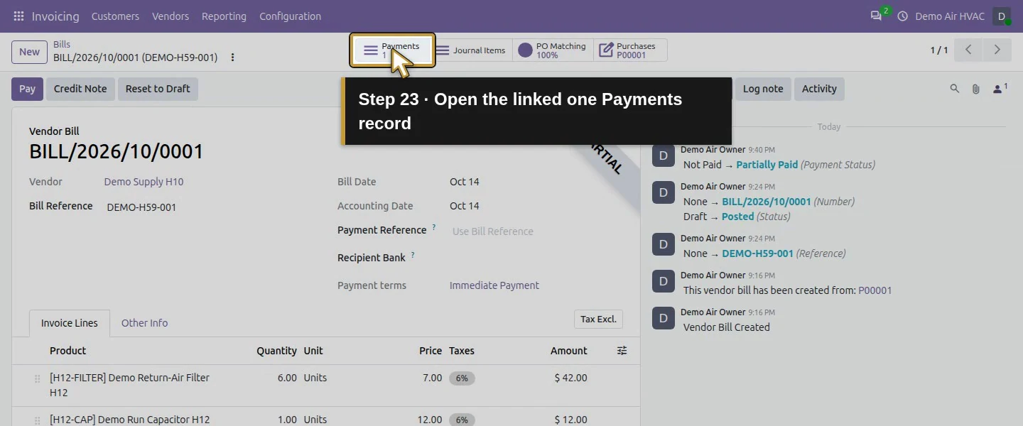Action 23: Open the linked one Payments record. The actual target is highlighted in gold.