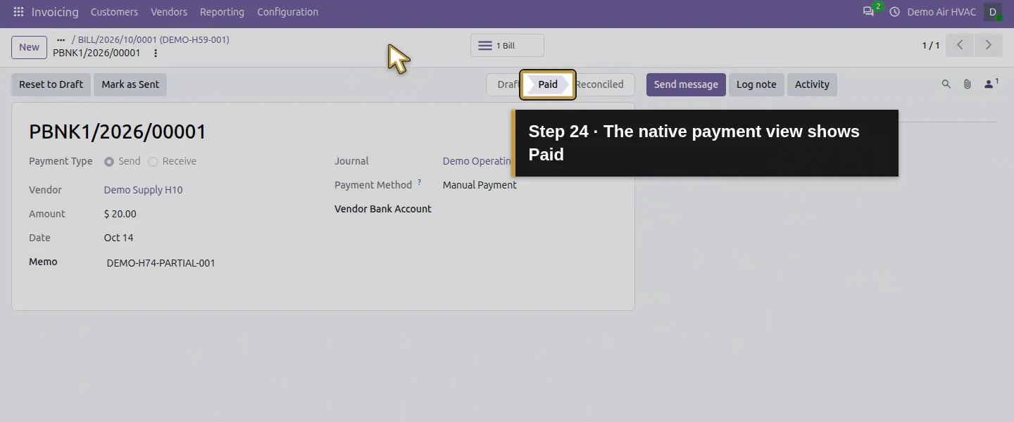 Action 24: The native payment view shows Paid. The actual target is highlighted in gold.
