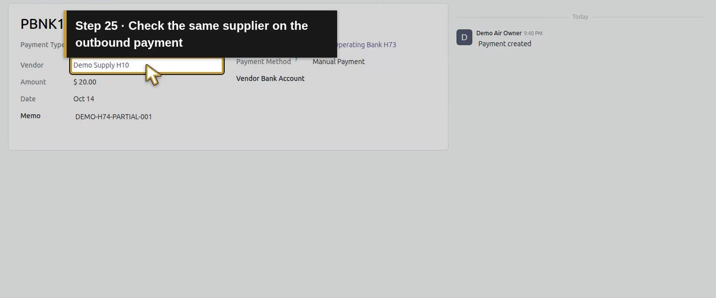 Action 25: Check the same supplier on the outbound payment. The actual target is highlighted in gold.