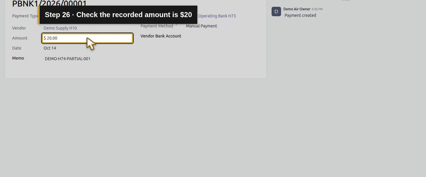 Action 26: Check the recorded amount is $20. The actual target is highlighted in gold.