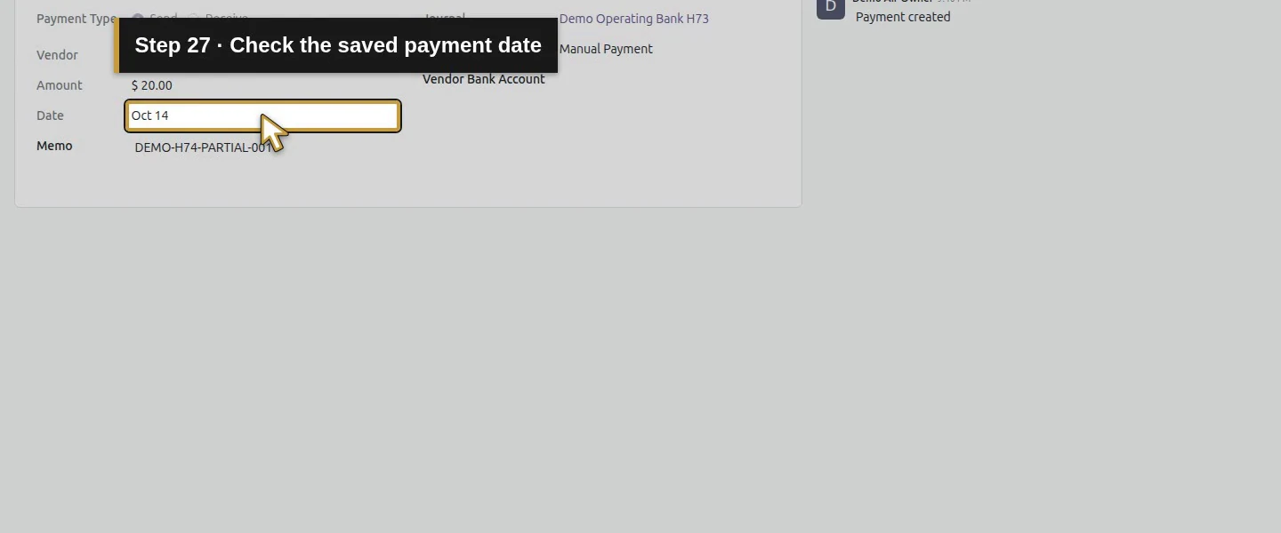 Action 27: Check the saved payment date. The actual target is highlighted in gold.