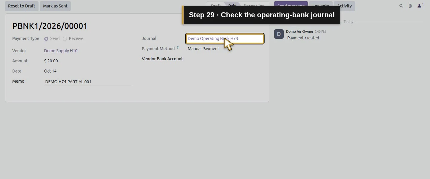 Action 29: Check the operating-bank journal. The actual target is highlighted in gold.