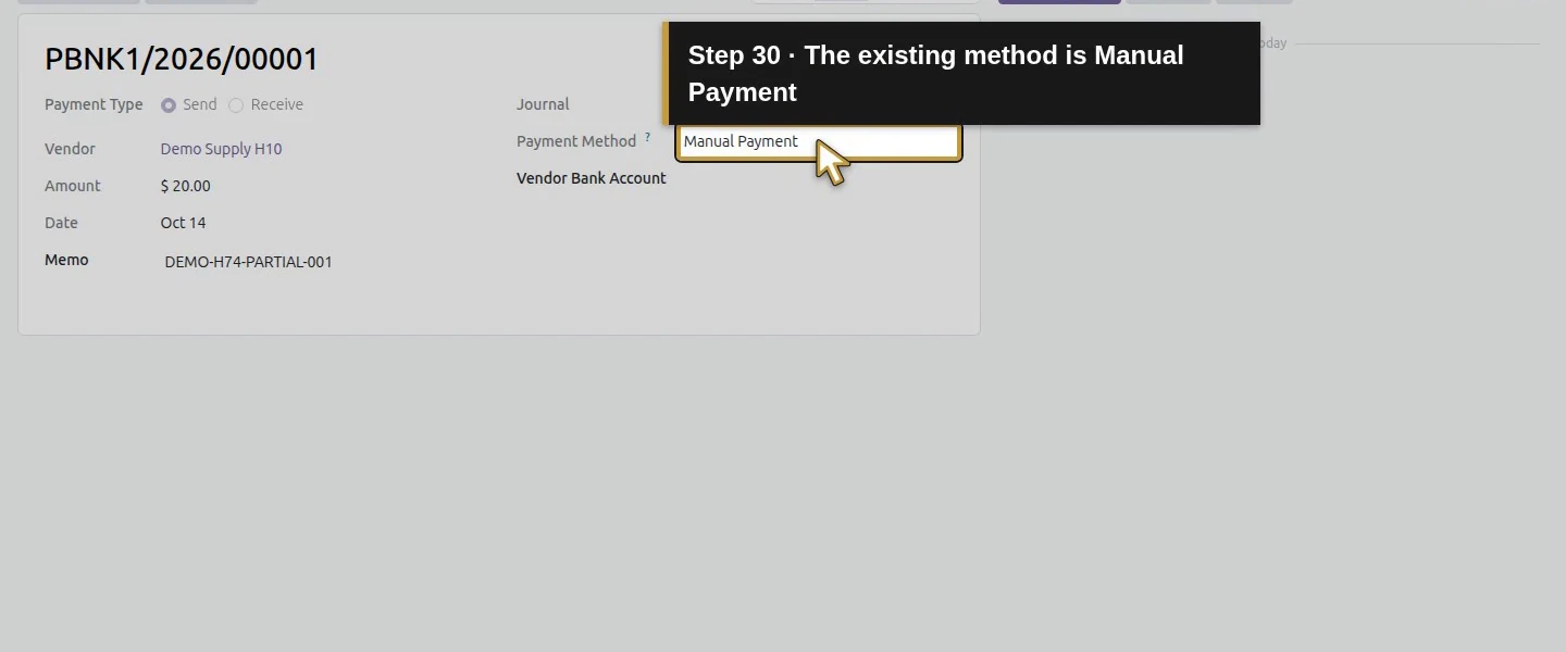 Action 30: The existing method is Manual Payment. The actual target is highlighted in gold.