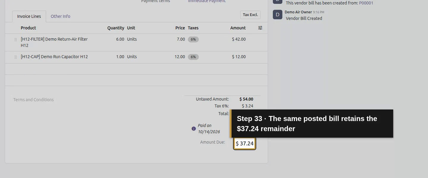 Action 33: The same posted bill retains the $37.24 remainder. The actual target is highlighted in gold.