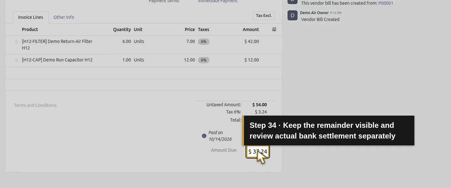 Action 34: Keep the remainder visible and review actual bank settlement separately. The actual target is highlighted in gold.