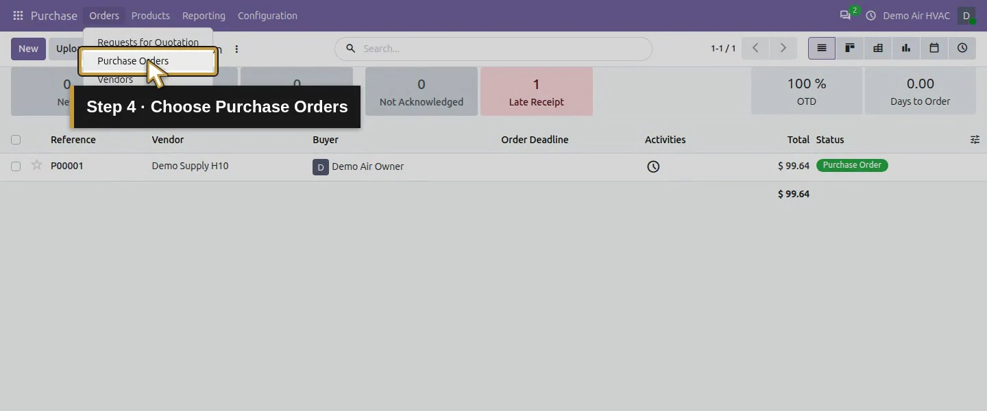 Action 4: Choose Purchase Orders. The actual target is highlighted in gold.