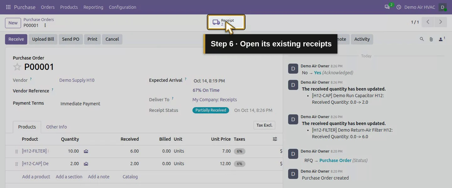 Action 6: Open its existing receipts. The actual target is highlighted in gold.