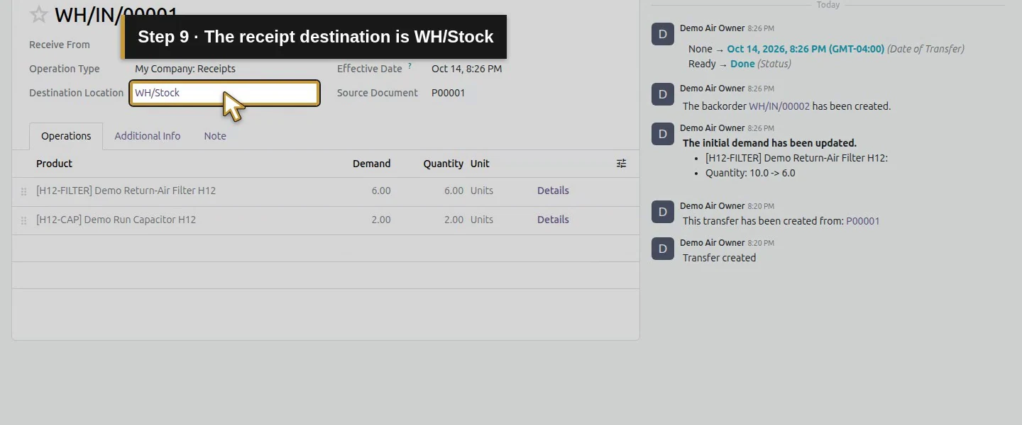 Action 9: The receipt destination is WH/Stock. The actual target is highlighted in gold.