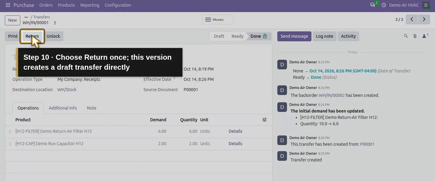 Action 10: Choose Return once; this version creates a draft transfer directly. The actual target is highlighted in gold.
