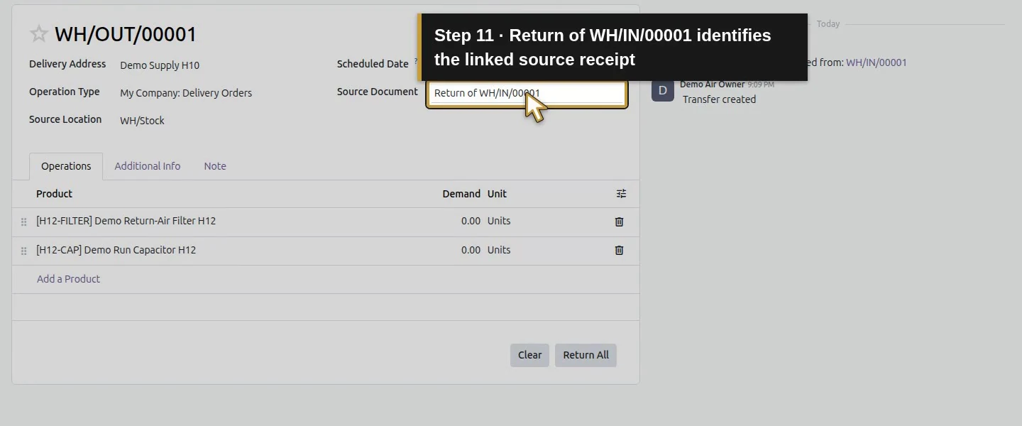 Action 11: Return of WH/IN/00001 identifies the linked source receipt. The actual target is highlighted in gold.