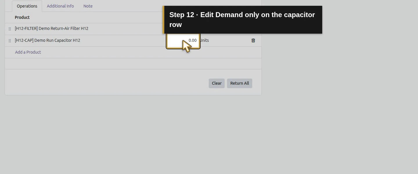 Action 12: Edit Demand only on the capacitor row. The actual target is highlighted in gold.