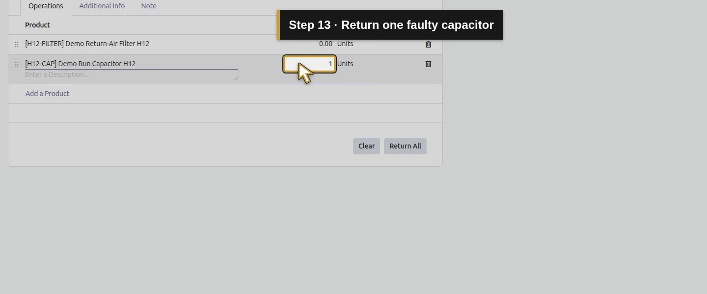 Action 13: Return one faulty capacitor. The actual target is highlighted in gold.