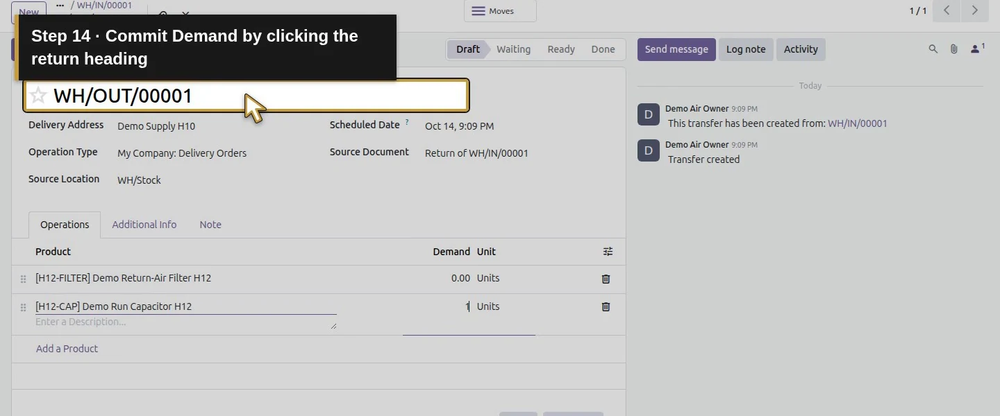 Action 14: Commit Demand by clicking the return heading. The actual target is highlighted in gold.