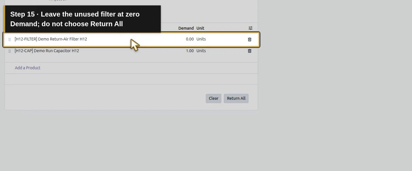 Action 15: Leave the unused filter at zero Demand; do not choose Return All. The actual target is highlighted in gold.