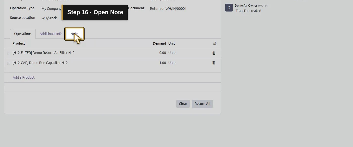 Action 16: Open Note. The actual target is highlighted in gold.
