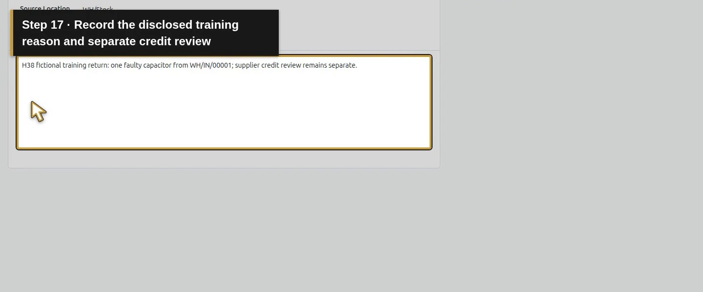 Action 17: Record the disclosed training reason and separate credit review. The actual target is highlighted in gold.