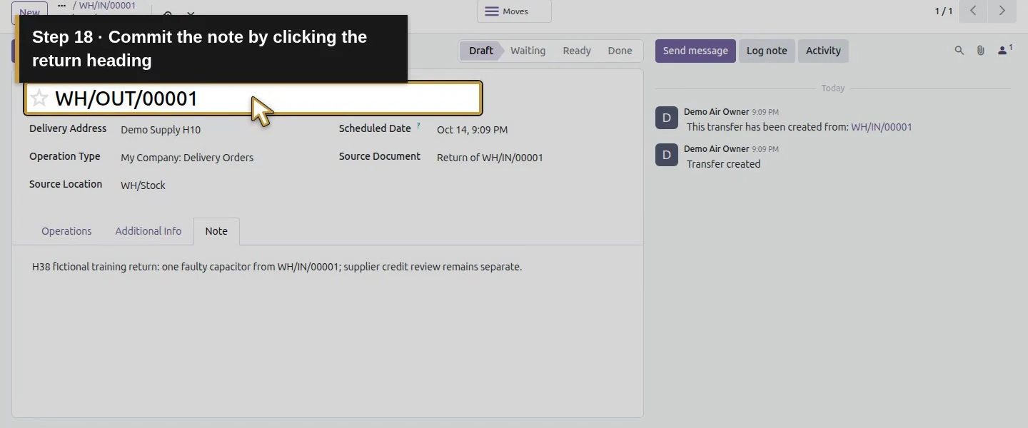Action 18: Commit the note by clicking the return heading. The actual target is highlighted in gold.