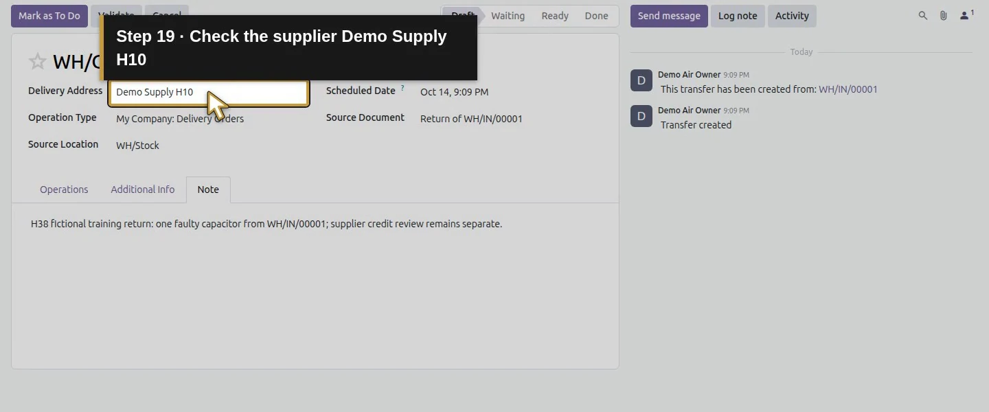 Action 19: Check the supplier Demo Supply H10. The actual target is highlighted in gold.