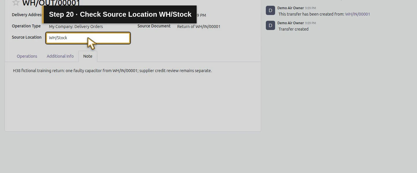 Action 20: Check Source Location WH/Stock. The actual target is highlighted in gold.