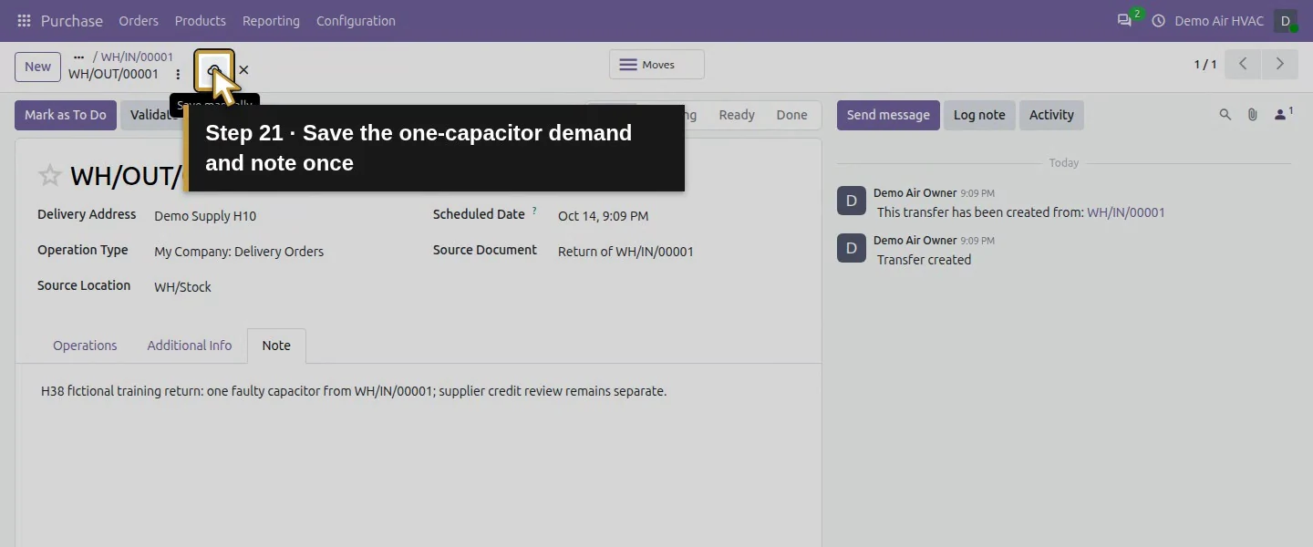 Action 21: Save the one-capacitor demand and note once. The actual target is highlighted in gold.