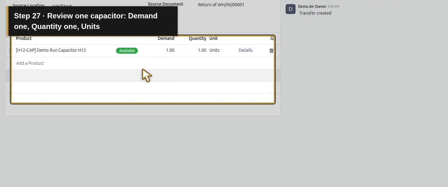 Action 27: Review one capacitor: Demand one, Quantity one, Units. The actual target is highlighted in gold.