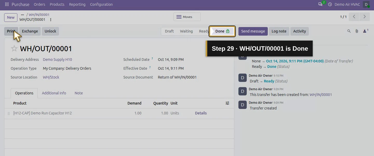 Action 29: WH/OUT/00001 is Done. The actual target is highlighted in gold.