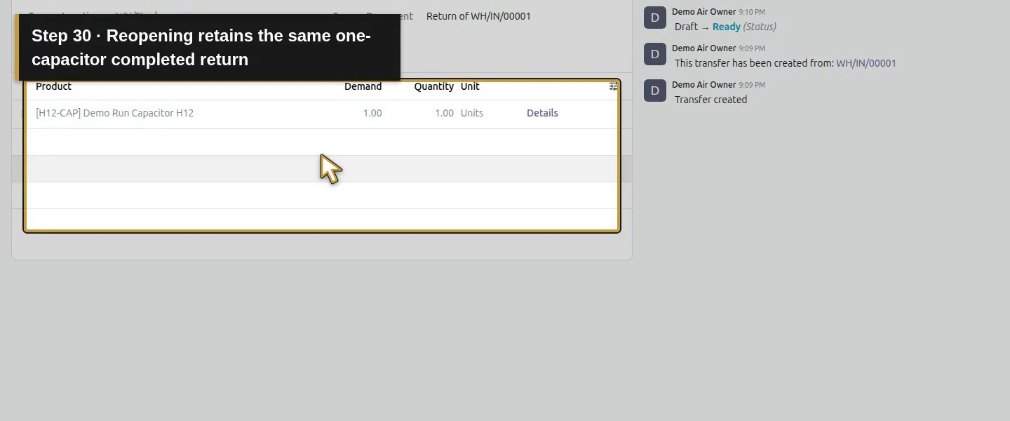 Action 30: Reopening retains the same one-capacitor completed return. The actual target is highlighted in gold.