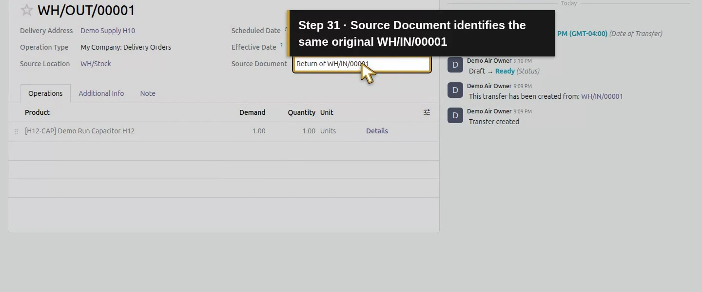 Action 31: Source Document identifies the same original WH/IN/00001. The actual target is highlighted in gold.