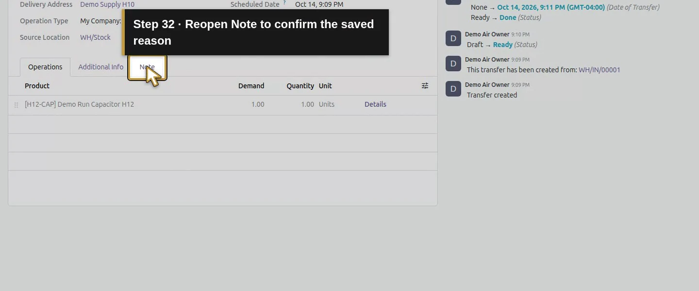 Action 32: Reopen Note to confirm the saved reason. The actual target is highlighted in gold.