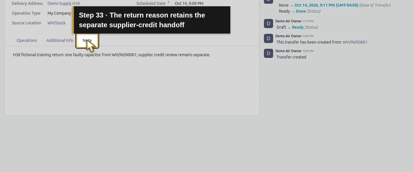 Action 33: The return reason retains the separate supplier-credit handoff. The actual target is highlighted in gold.