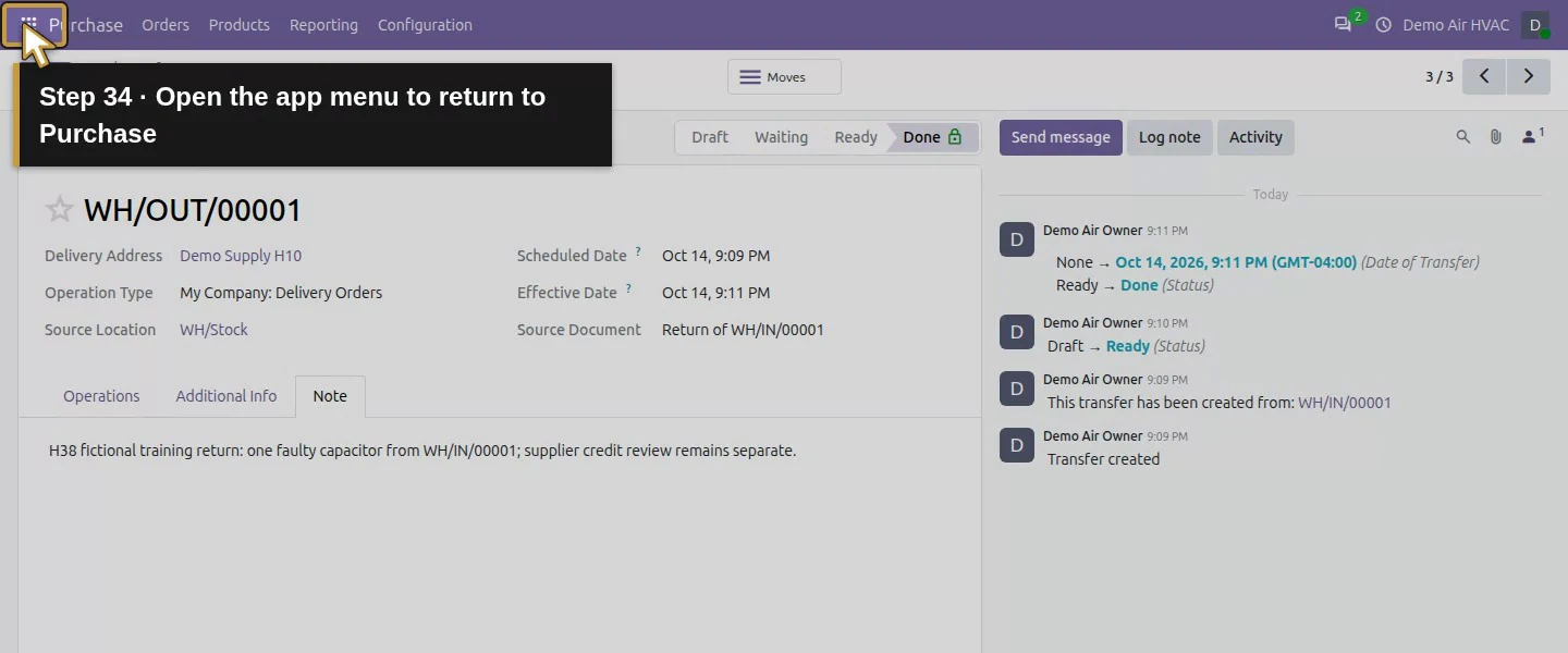 Action 34: Open the app menu to return to Purchase. The actual target is highlighted in gold.
