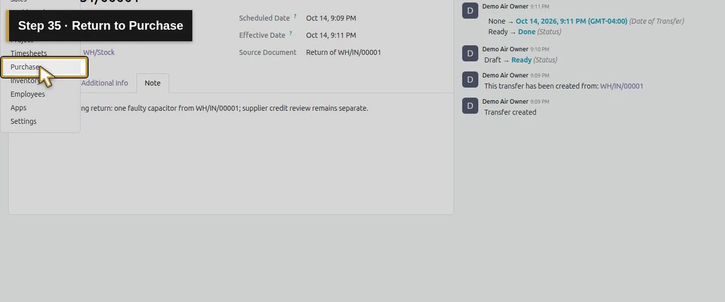Action 35: Return to Purchase. The actual target is highlighted in gold.